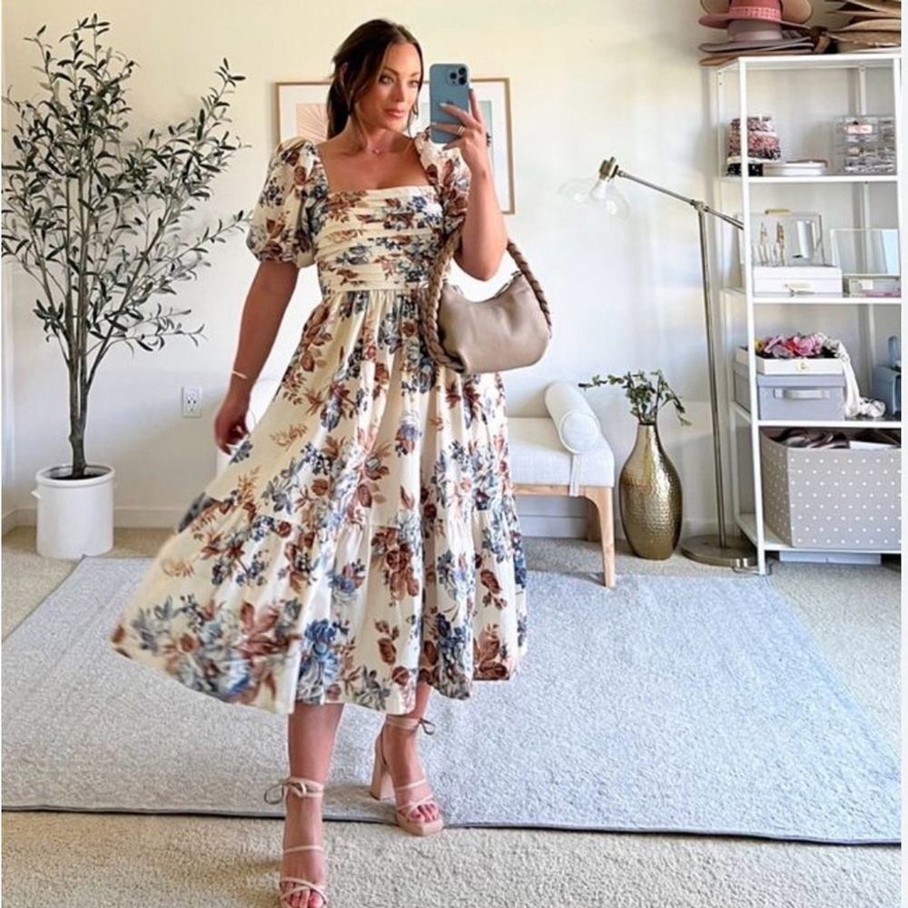 Abercrombie & Fitch The Emerson Poplin Puff Sleeve Midi Dress — Smocked Back m - Picture 6 of 14